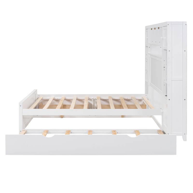 Wood Slat Support Platform Bed with Trundle & Sockets, White Headboard with All-in-One Cabinet and Shelf - Full Size Bed Frame
