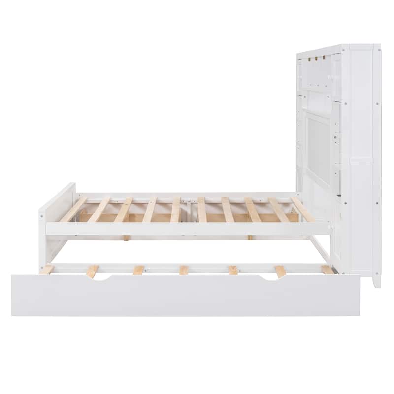 Wooden Bed With All-in-One Cabinet, Shelf and Sockets, Trundle