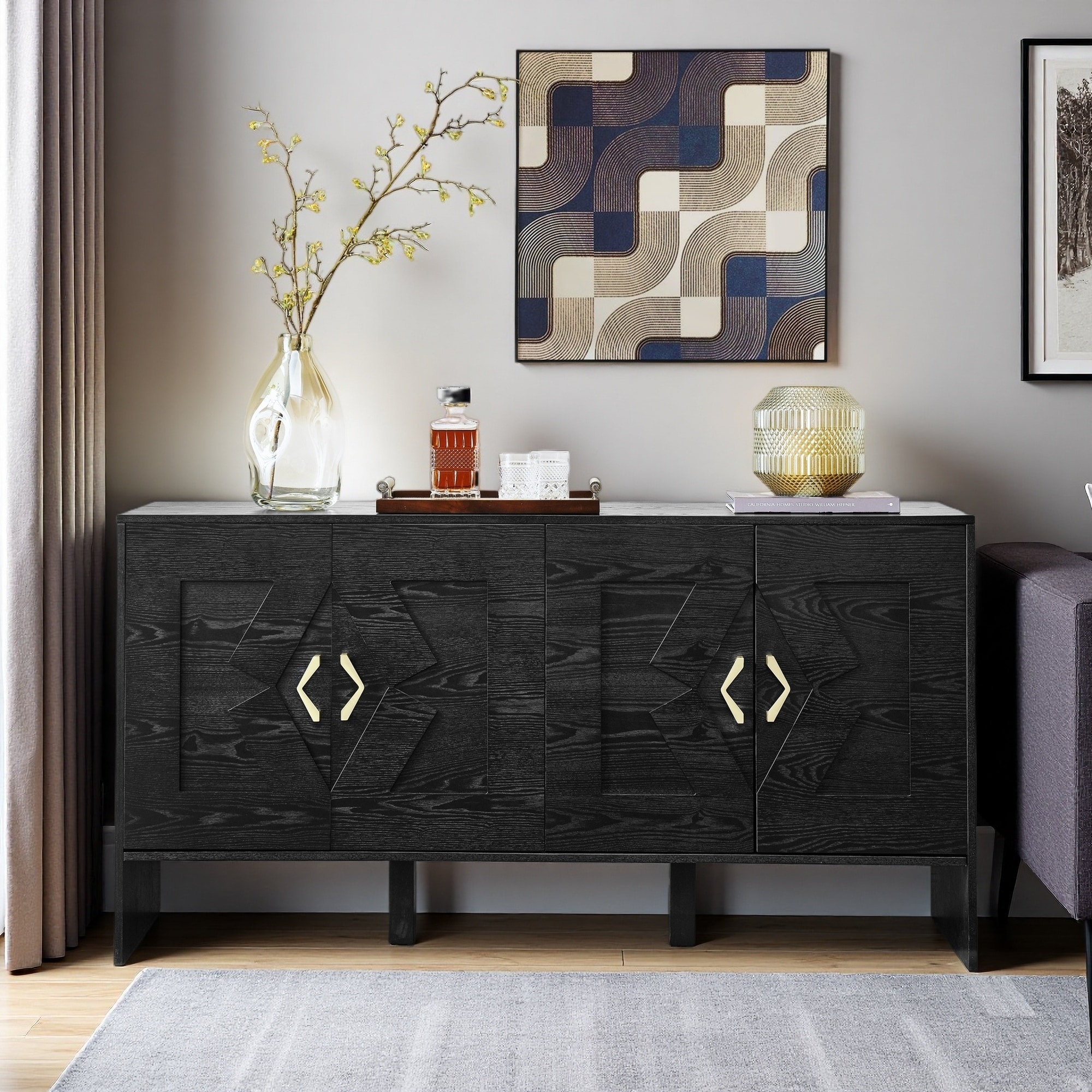 60" Mid-Century Modern Sideboard Buffet with 4 Doors & Adjustable Shelves