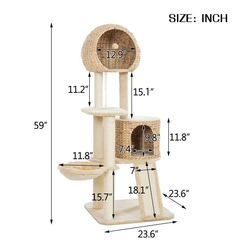 Cat Tree, 59-Inch Cat Tower, Plush Multi-Level Cat Condo with 2 Perches,2 Caves, Cozy Basket and Scratching Board
