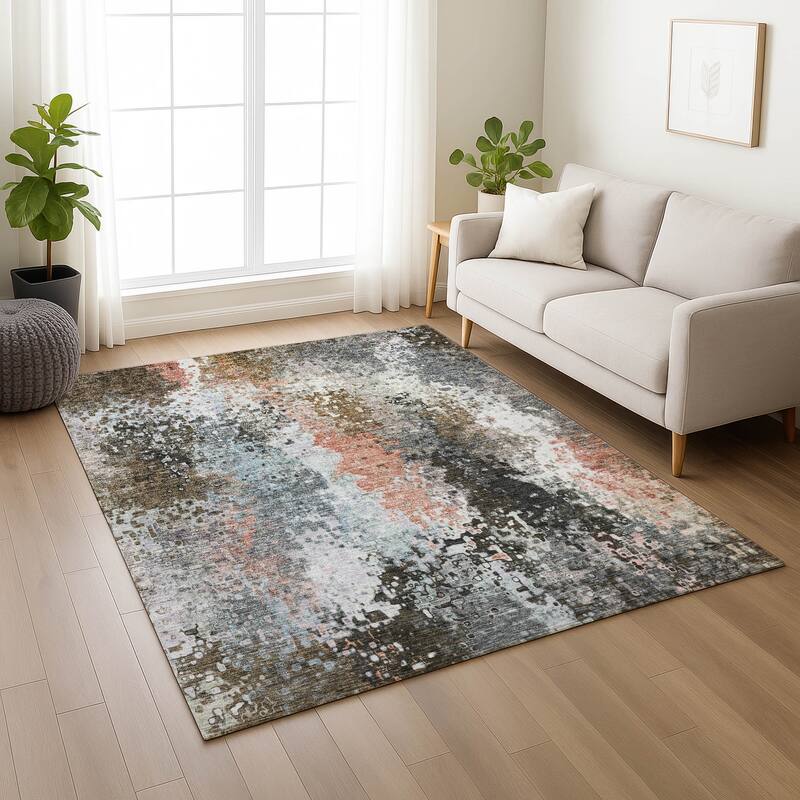 Machine Washable Indoor/ Outdoor Contemporary Abstract Chantille Rug