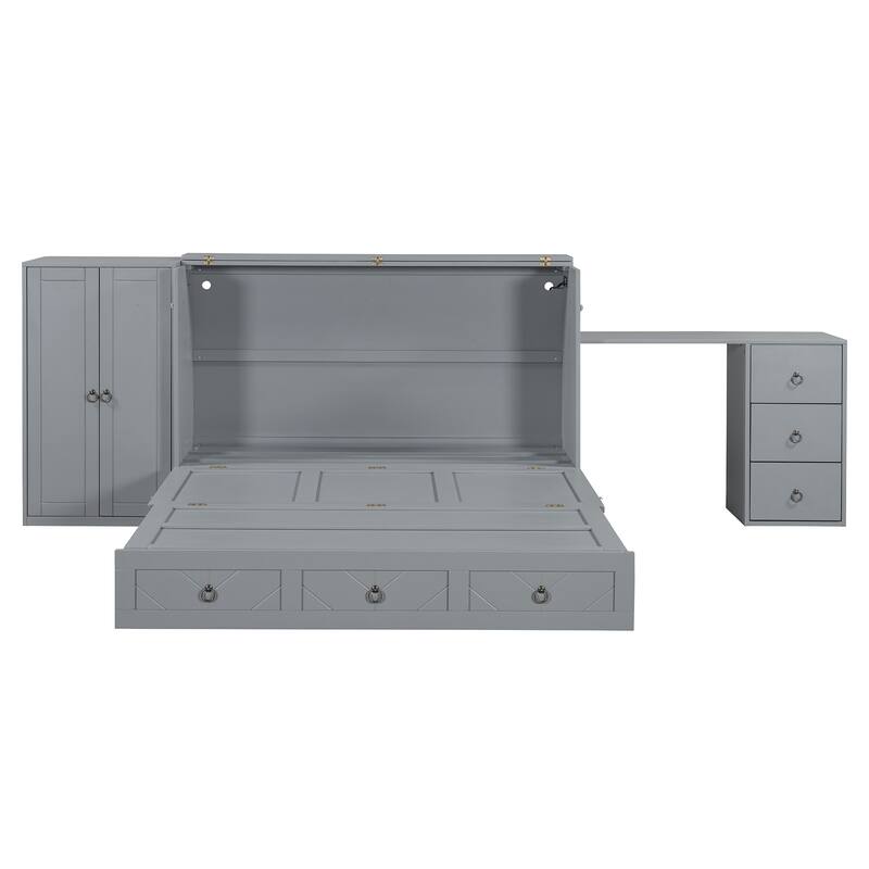 Queen Murphy Bed with Built-In Desk, Wardrobe, USB Charging, and Spacious Storage Drawer, Multifunctional Cabinet Bed