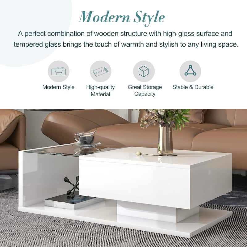Roomfitters Modern Coffee Table with Tempered Glass Top, High Gloss 2-Tier Rectangle Center Table for Living Room