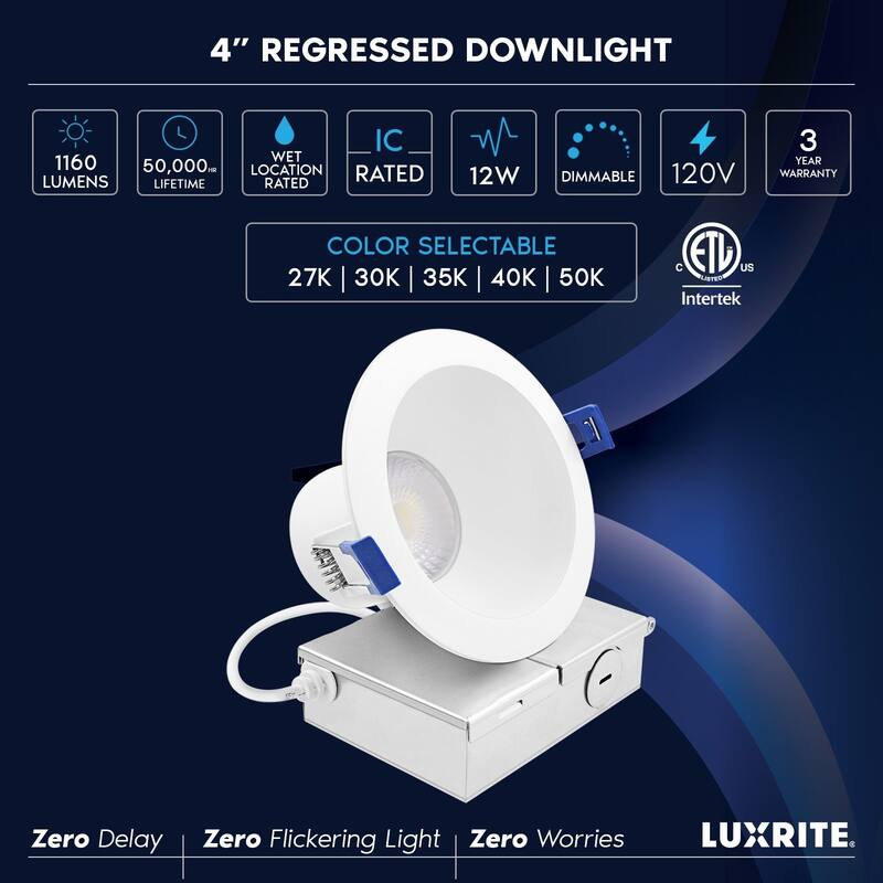 Luxrite 4" LED Recessed Ceiling Light J-Box 12W 5CCT 1160 Lumens Dimmable Wet Rated IC Rated 12 Pack