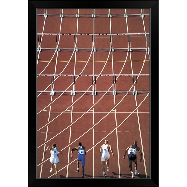 "Athletes Starting to Run Hurdles" Black Framed Print