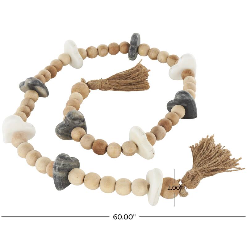 Brown Mango Wood Handmade Round Double Layered Long Carved Beaded Garland with Tassel with Black and Cream Accents