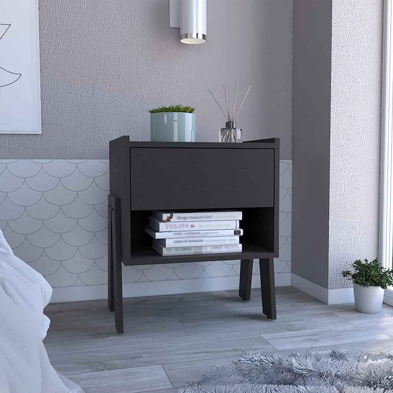 Bedroom Nightstand Open Shelf One Drawer - Black