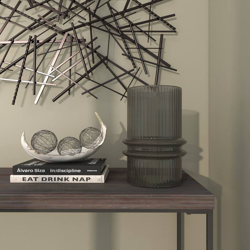 Gray Glass Wide Ribbed Candle Holder with Fluted Center