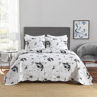 3 Pcs Black White Floral Quilt Bedspread Set