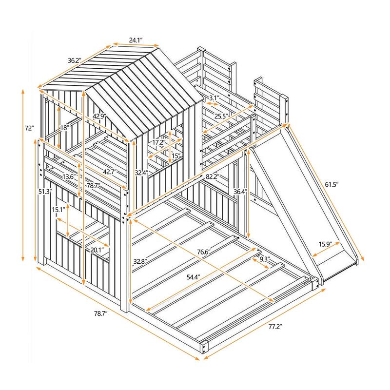 Merax Wooden Twin over Full Bunk Bed with Playhouse, Farmhouse, Ladder, Slide and Guardrails