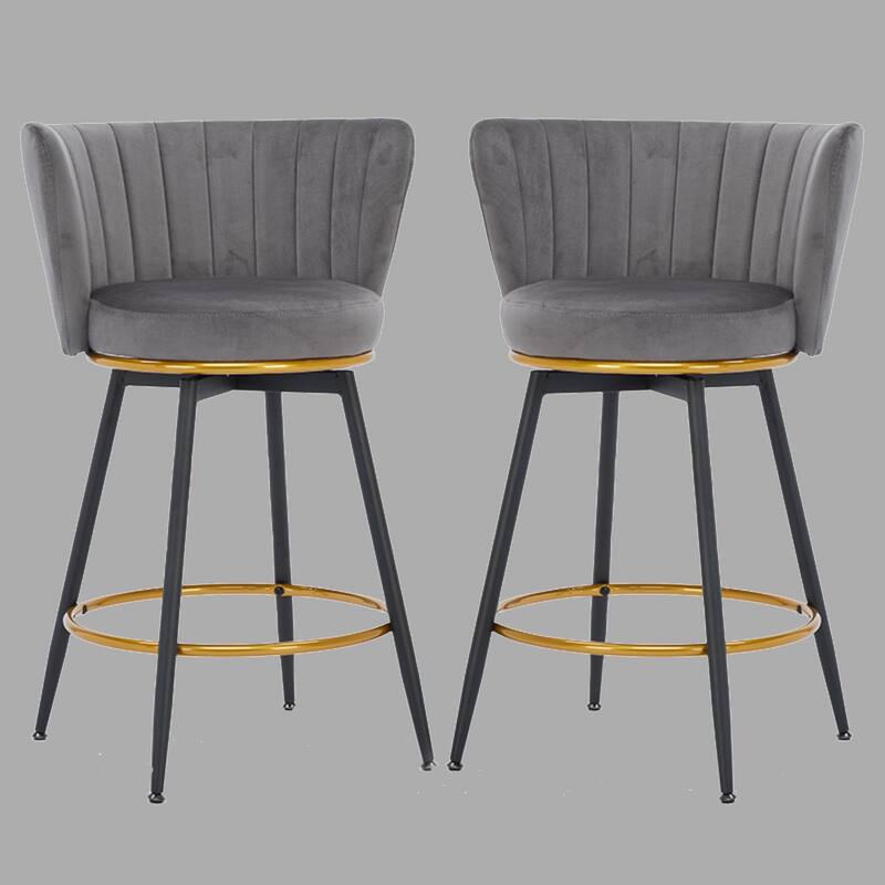 Modern Counter Height Bar Stools Set of 2 with Velvet Upholstery, 360° Swivel and Metal Base - Grey