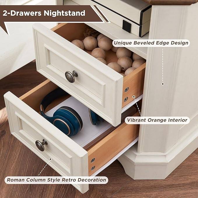 18" Farmhouse Nightstand with Charging Station, End Table,Side Table