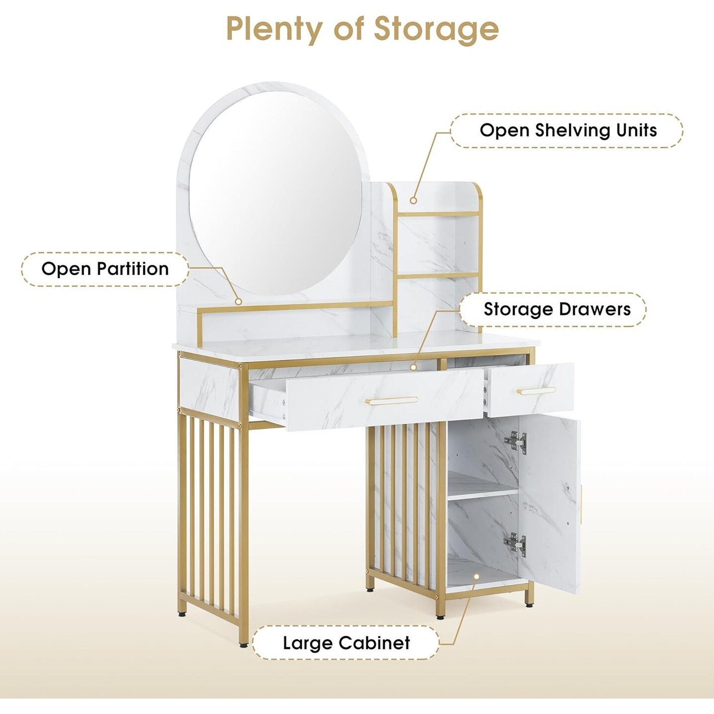 chinese dress ladies Okd Fluted Makeup Vanity Desk with Large Mirror and Lights, Glass Tabletop