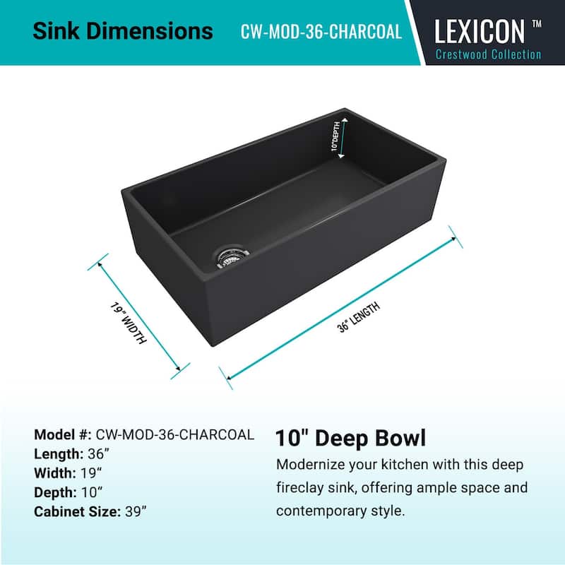 Crestwood 36" Modern Single Bowl Apron Fireclay Sink - Charcoal