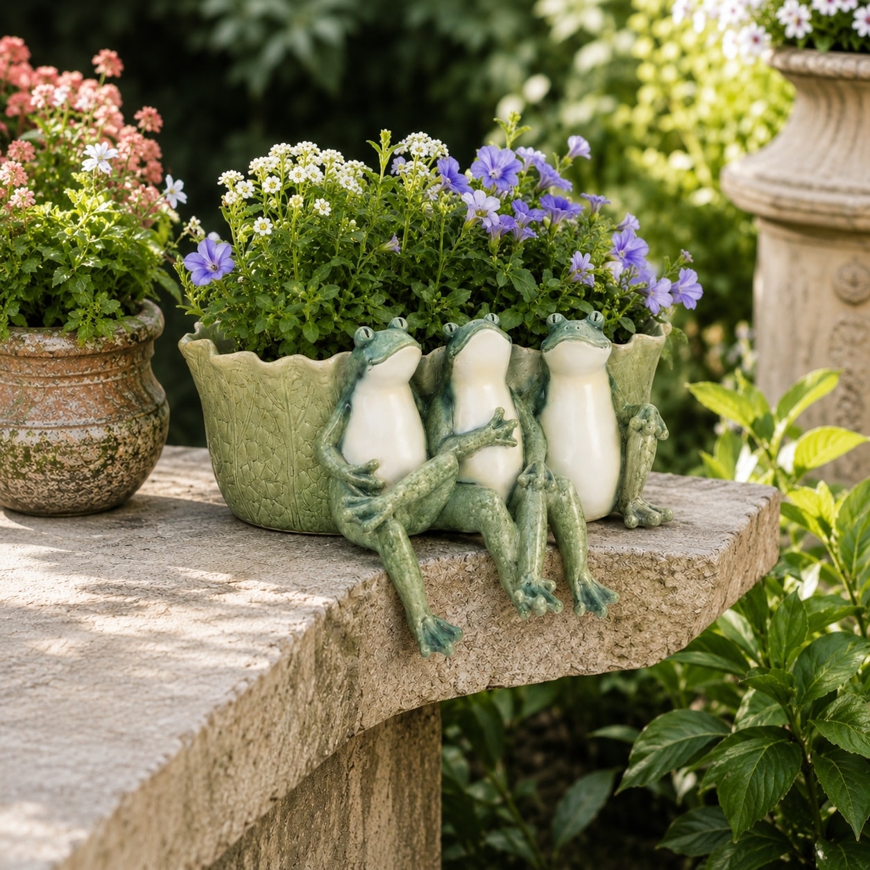 Plant Pot - Green Ceramic Resin Three Sitting Frogs, 10" - 12.75"