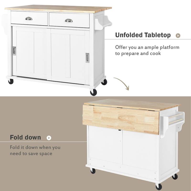 Rubberwood Folding Countertop Kitchen Cart with 2 Drawers and Storage Cabinet