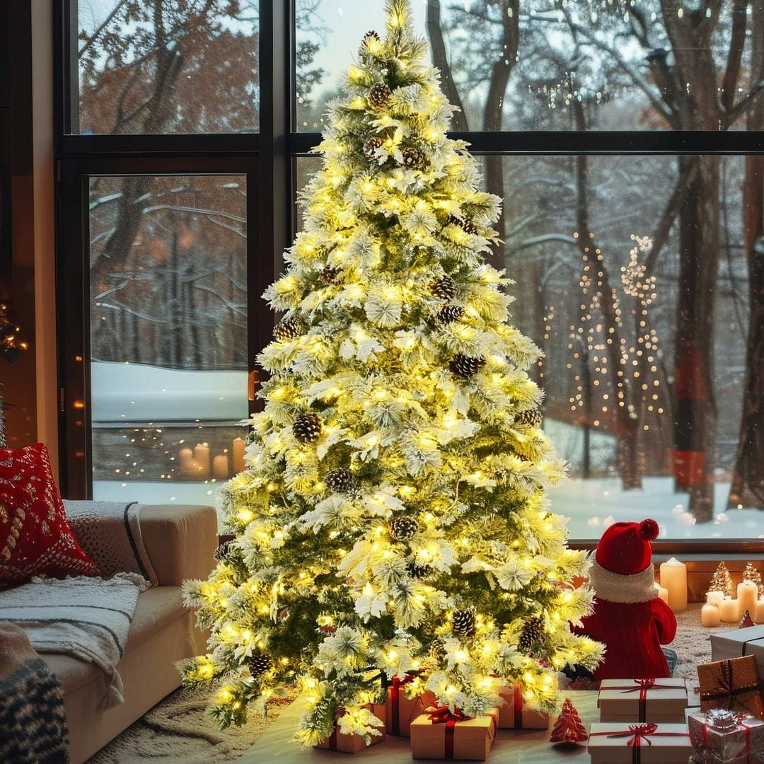 4 6 7.5FT Pre Lit Spruce Snow Flocked Christmas Tree PE PVC Artificial Lighted Xmas Tree with Cones 11 Flashing Modes