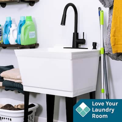 TEHILA Utility Sink Laundry Tub with Black High Arc Faucet and Soap Dispenser
