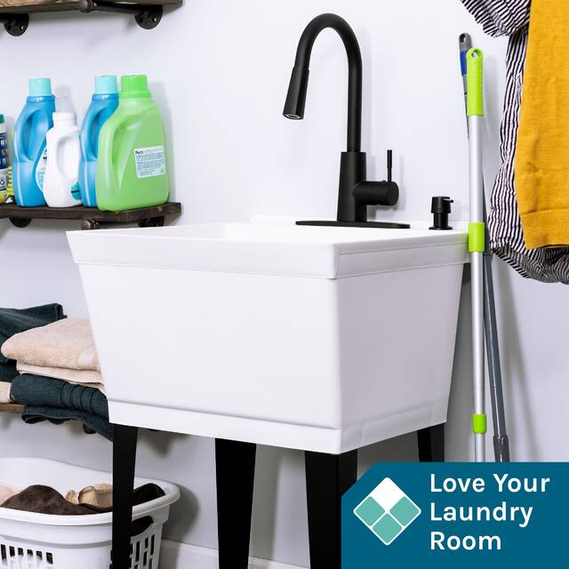 TEHILA Utility Sink Laundry Tub with Black High Arc Faucet and Soap Dispenser