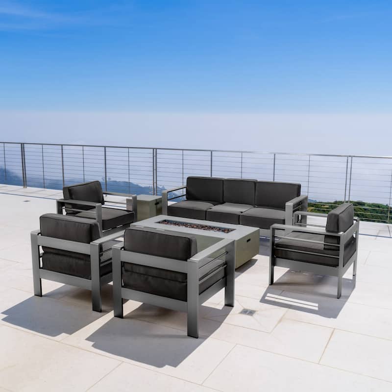 Cape Coral Aluminum 7-piece Sofa Chat Set with Fire Pit by Christopher Knight Home - Grey + Dark Grey + Light Grey Fire Pit