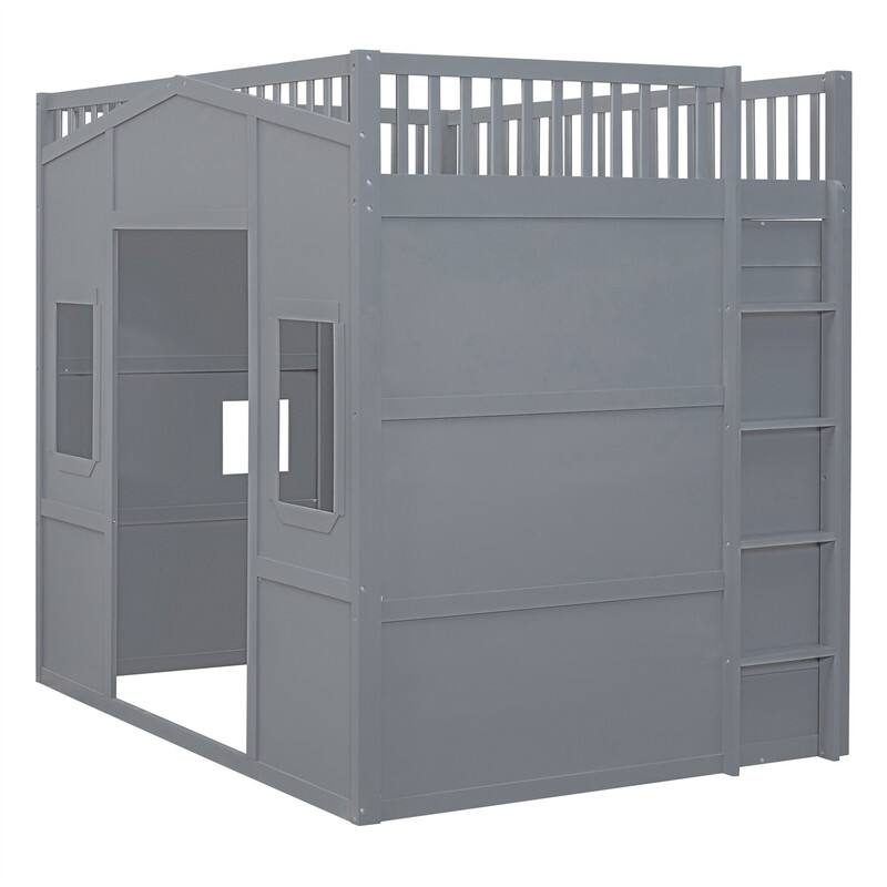 Solid Wood Loft Bed w/ Bulit-in Wardrobe, Hanging Rod & Storage Shelves, Twin/Full Size Playhouse Design Loft Bedframe w/ Window