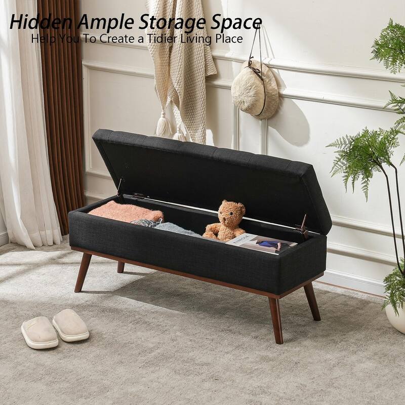Linen Storage Ottoman Bench with Wood Legs, Upholstered Entryway Bench Tufted Mid Century Modern Ottoman Bedroom End of Bed