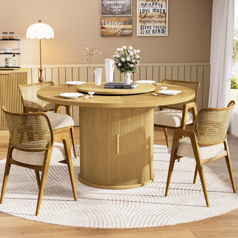 55" Round Dining Table with Rotating Tray and Double-Tiered Storage Rack for Six - Natural