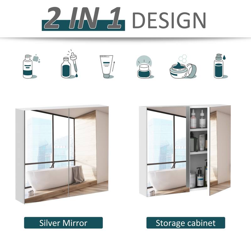 White Mirror Wall Mounted Cabinet with Glass Door and 3 Shelves for Bathroom Makeup and Storage Needs