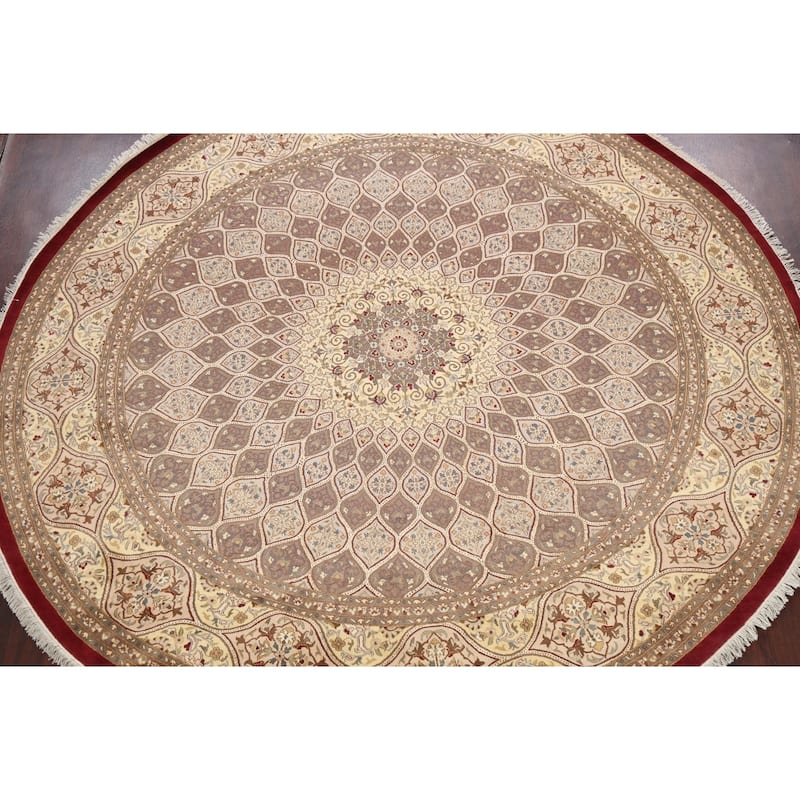 Wool/ Silk Vegetable Dye Floral Qum Oriental Area Rug Handmade Carpet - 10'1" x 10'2" Round