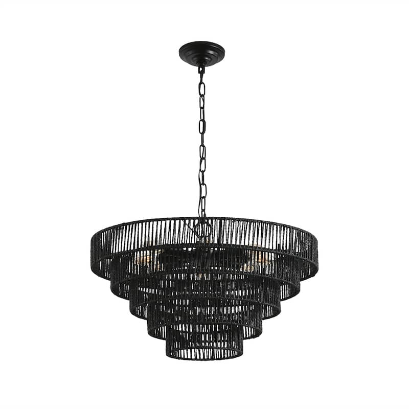 24" Rustic 5-Tier Black Hemp Rope Pendant Light Chandelier,No Bulb