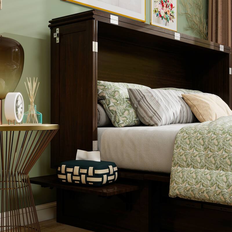 Solid Wood Murphy Bed Full Size with Storage | Space Saving Walnut Cabinet Bed with Easy Pull-Out Mechanism for Bedroom