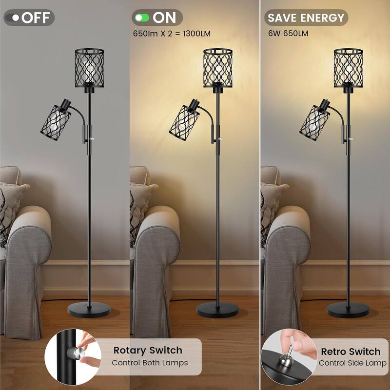 72" Farmhouse Floor Lamps, Floor Lamp with Adjustable Reading Lamp, 2-Light Tall Standing Lamps with 2 Edison Bulbs, 6W