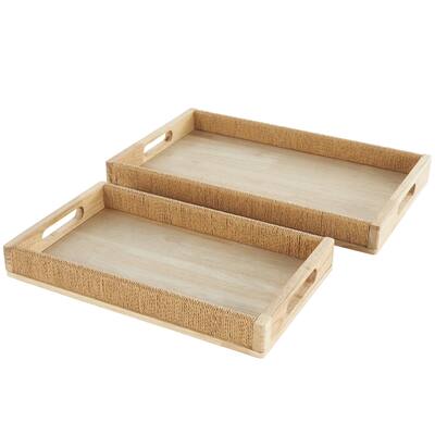 Wood Handmade Living Room Decor Tray with Wrapped Rope Edges and Slit Handles - Set of 2 Light Brown - Roche River Decor