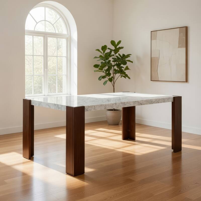 Dining Table, 72 Inch White Rectangular Faux Marble Top, Brown Wood