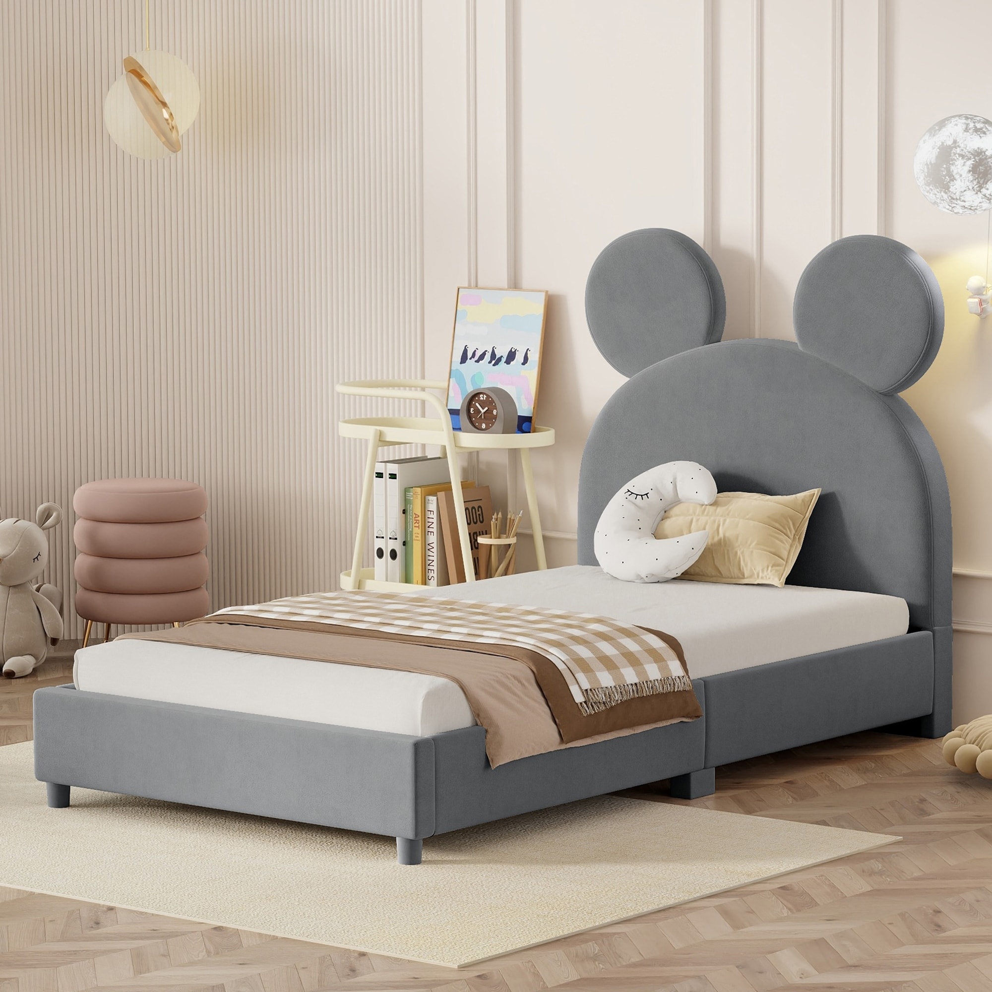 Twin Platform Bed with Bear Ear Shaped Headboard Velvet
