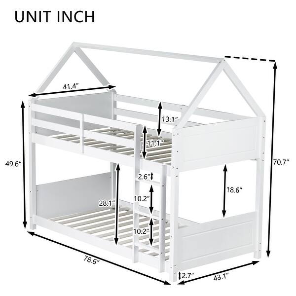 White Twin Over Twin House Bunk Bed with Ladder & Headboards, Rubber Wood Floor Bed Frame with Safety Guardrails for Kids
