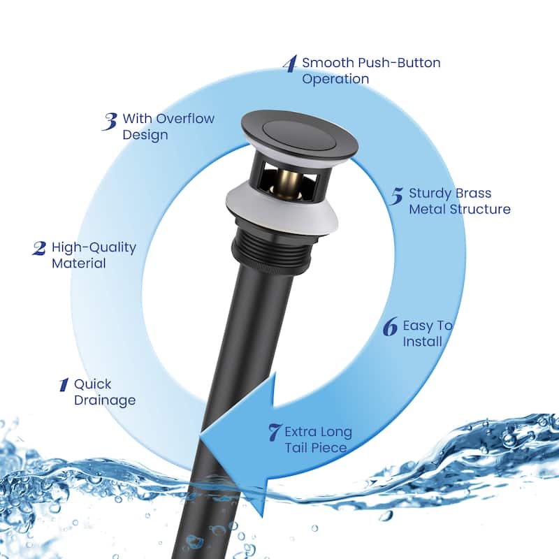 Bathroom Sink Pop Up Drain Stopper with 12" tailpiece, with Overflow