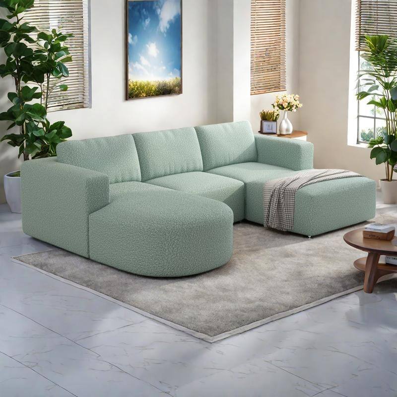 104.32" Yarn Fleece Modular Sectional Sofa Set with Chaise & Ottoman, U-Shaped 5-Seater Sleeper - Light Green