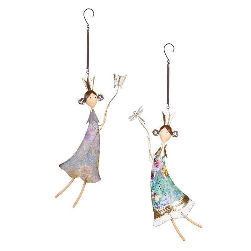 27 in. Metal Hand Painted Fairies with Bugs Hanging Decor, Set of 2