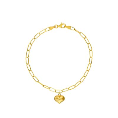 Curata 14k Yellow Gold 7.5" Dangling Puffed Heart Paperclip Chain Bracelet