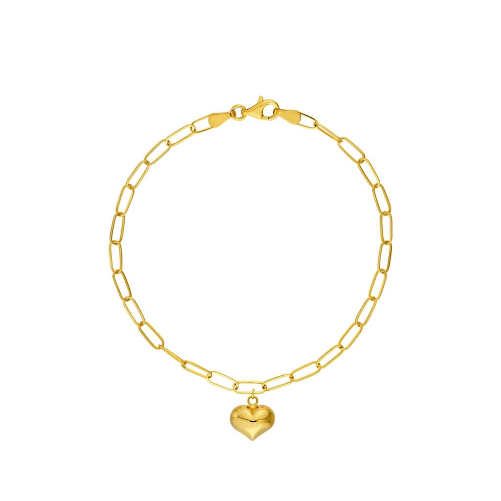 Curata 14k Yellow Gold 7.5" Dangling Puffed Heart Paperclip Chain Bracelet
