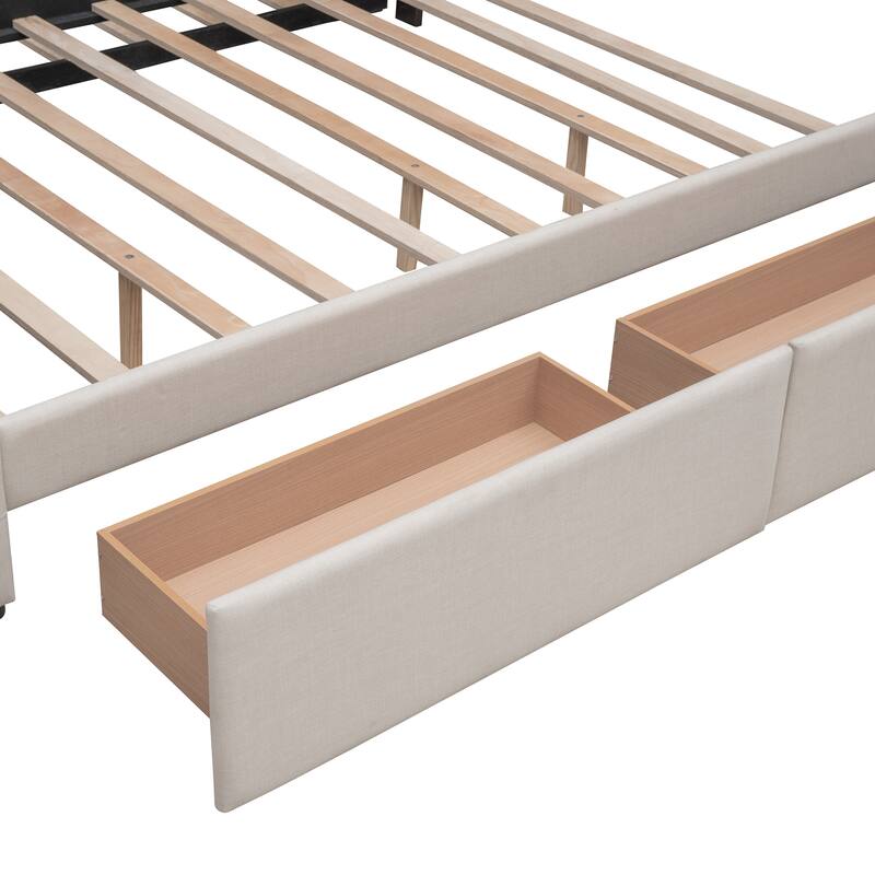 Queen Size Upholstered Platform Bed with 2 Drawers and Twin XL Trundle, Linen Fabric, Dark Beige