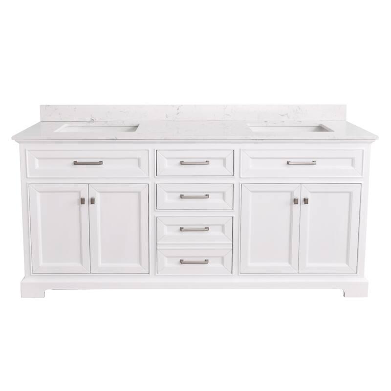 Prismarble Bathroom Vanity 72 in White with Marble Top & Backsplash, Double Sinks - Cultured Marble Top Vanity
