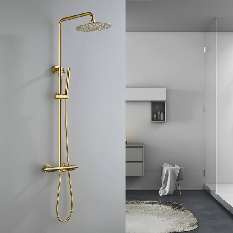 10'' Wall Exposed Install Height/Angle Adjustable Complete Shower System w/ Rainfall Shower Head and Handle in Luxury Gold