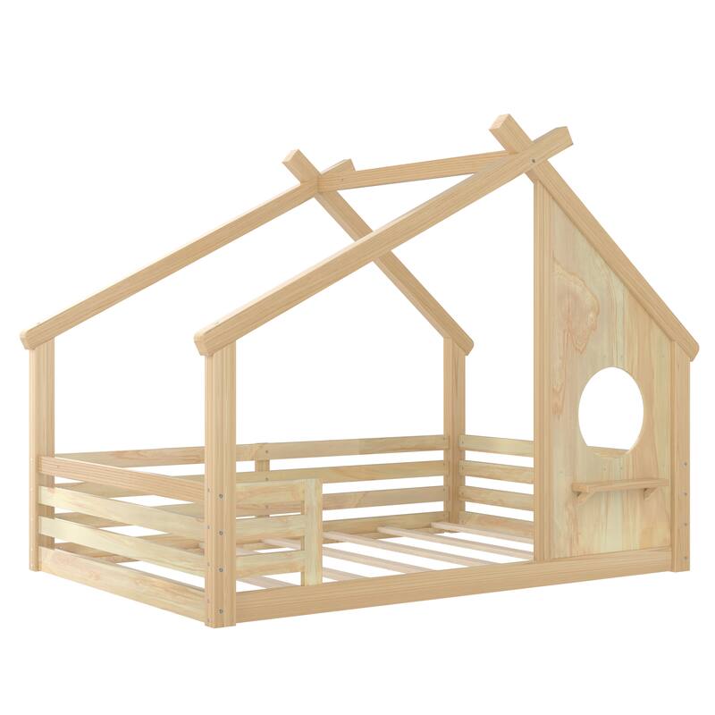 Full/Twin Size House Floor Bed with Window & Shelf, Solid Wood House-Shaped Design