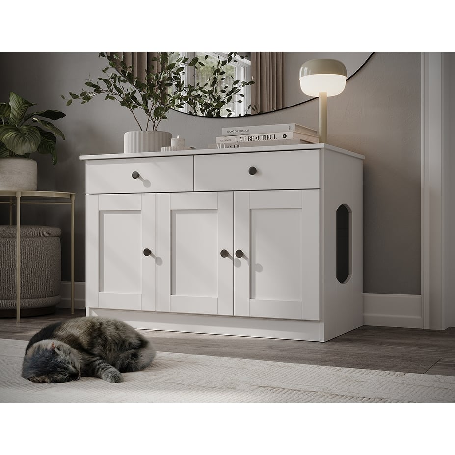 Palace Imports 100% Solid Wood Ziva 3-Door Cat Litter Box Enclosure with 2-Drawers