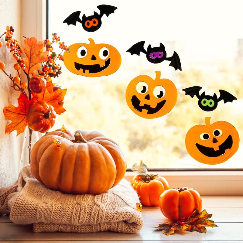 Jack-O-Lanterns and Bats Halloween Gel Window Clings - Orange and Black - 6pc