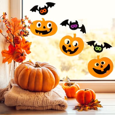 Jack-O-Lanterns and Bats Halloween Gel Window Clings - Orange and Black - 6pc