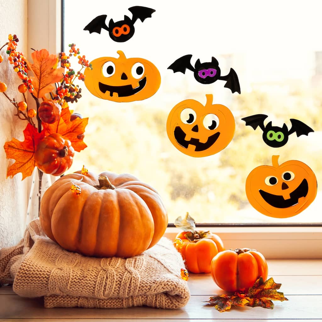 Jack-O-Lanterns and Bats Halloween Gel Window Clings - Orange and Black - 6pc