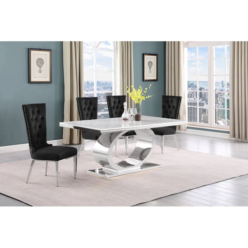 Best Quality Furniture D430/1-SC330-7 Dining Set with 68" White Marble Top - 5-Piece - Black / Silver